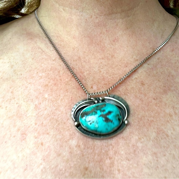 Vintage Navajo turquoise sterling pendant on sterling silver chain